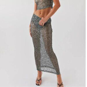 NWT Sequin Sheer Maxi Skirt in Olive  - M/L